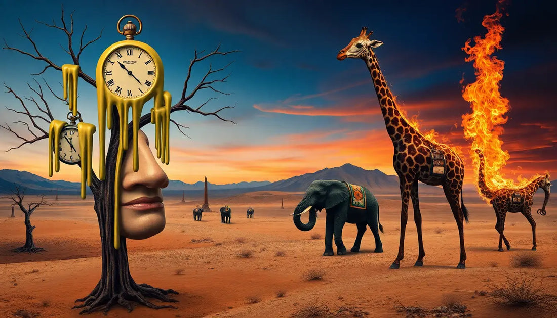 Surrealist Bild mit schmelzender Uhr, deren Zweig Afrikanische Tierwelt und die brennende Giraffe zeigt.