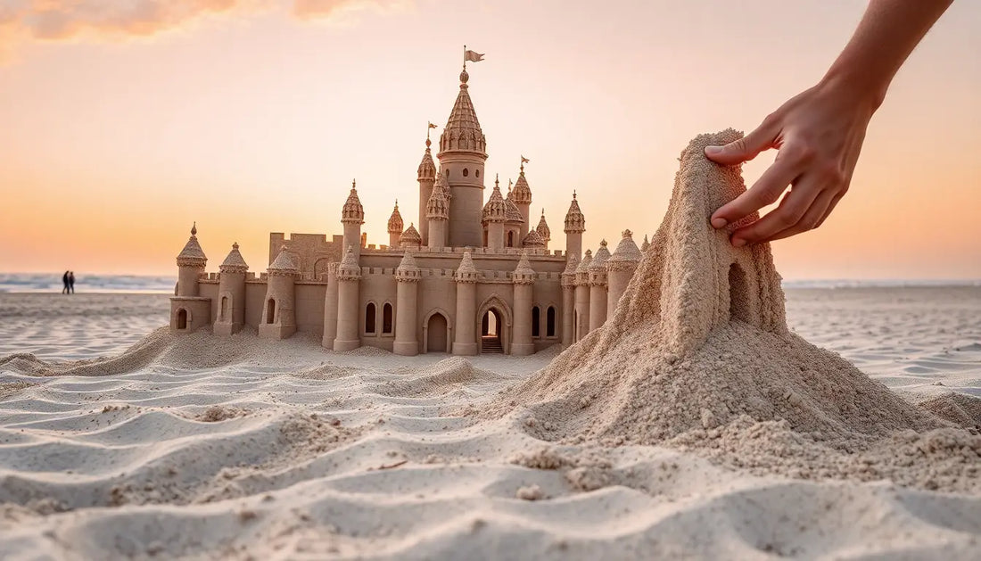 Komplexe Sandburg mit Türmen am Strand, ideal für bunte Tierdesign T-Shirts.