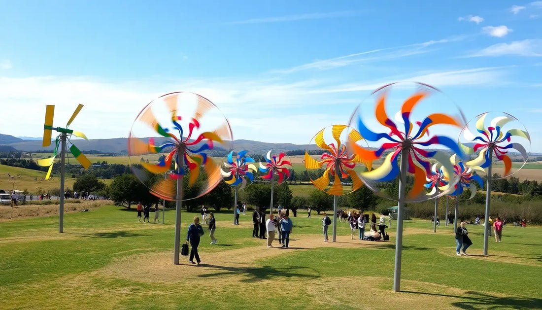 Bunte Pinwheel-Skulpturen, die sich im Wind drehen.