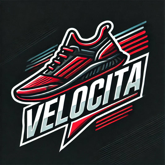 Stylisiertes Logo eines roten und schwarzen Laufschuhs mit VELOCITA für sportliche Croptops.