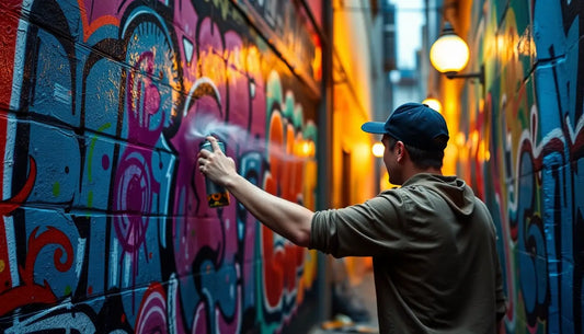 Graffiti-Künstler sprüht farbenfrohe Kunst in einer Gasse für verschiedene Farben T-Shirts.