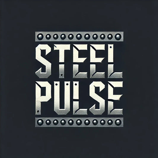 Metallic Logo von Steel Pulse mit Nieten, das den Stadtstil einfängt.