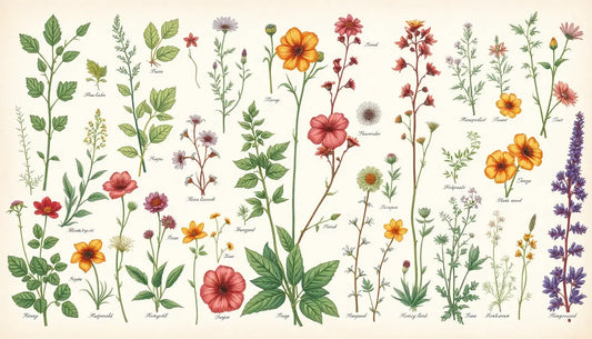 Botanische Illustrationen von Wildblumen und Kräutern in verschiedenen Farben.