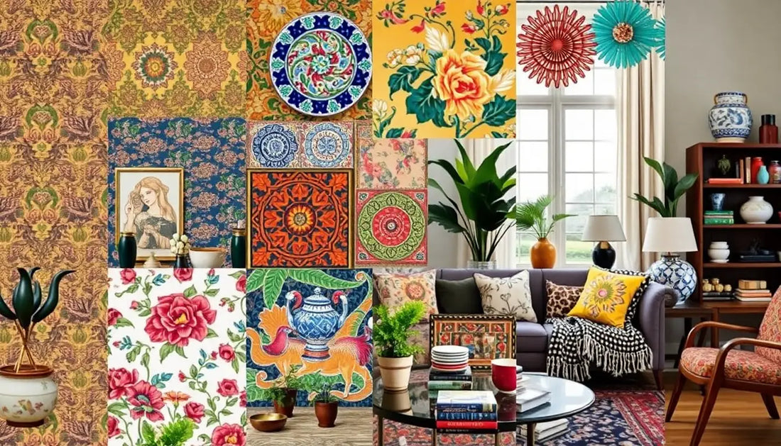 Eclectic interior design collage mit dekorativer Kunst und stilvoller Mode bei GlobaloMarkt.