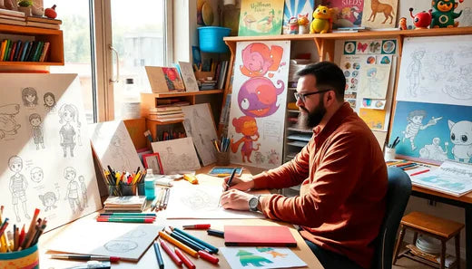 Künstler arbeitet an einem bunten Illustrationsschreibtisch mit Kunstbedarf und Zeichnungen.