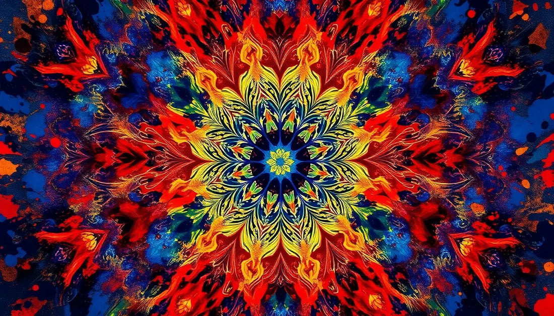 Kaleidoskopisches Mandala-Muster in Rot, Blau und Gold auf schwarzem T-Shirt.