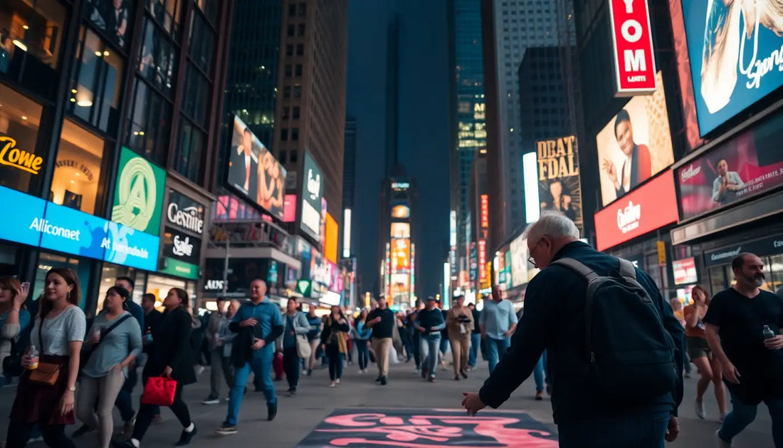 Vollgestopfte Straßenfotografie von Times Square mit verschiedenen Farben T-Shirts.