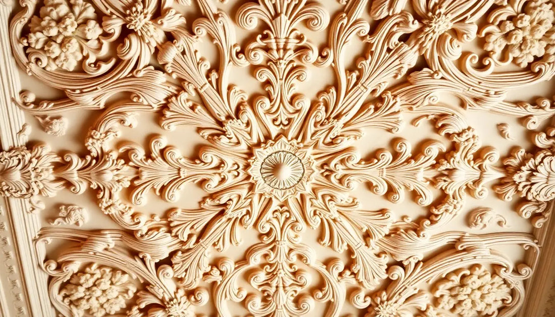 Ornate plaster ceiling medallion with floral patterns highlighting plastische elemente.