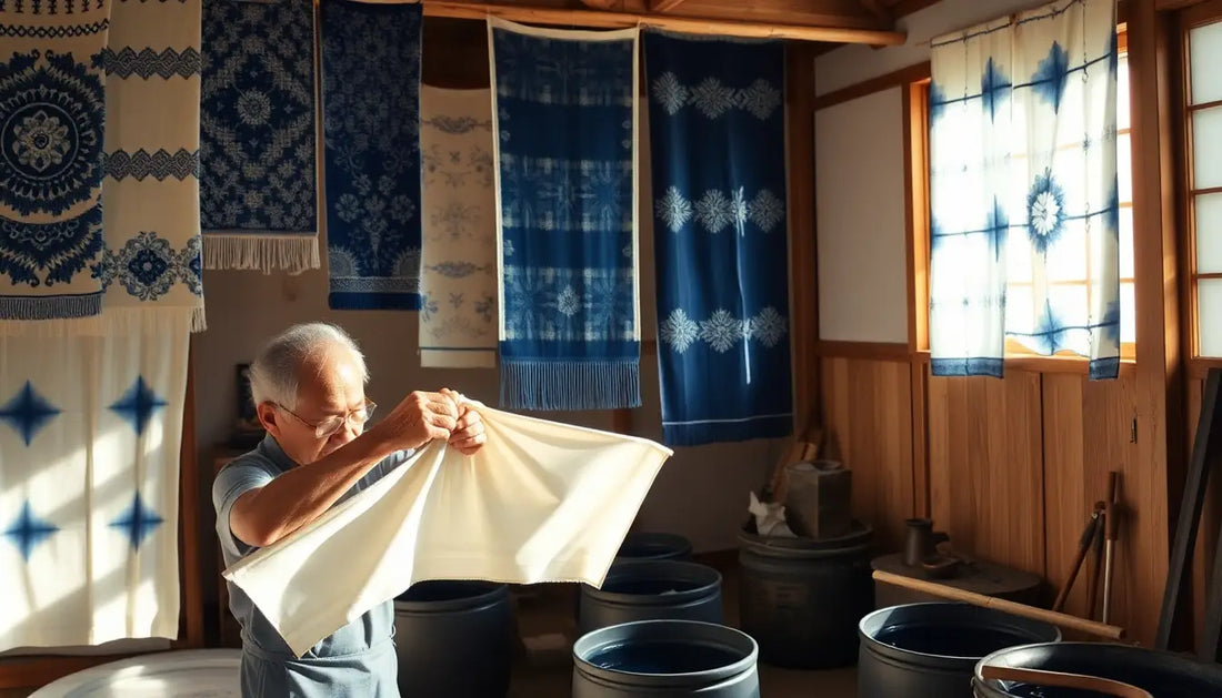 Traditionelles indigo-gefärbtes Gewebe zur Gestaltung von traditionellen japanischen T-Shirts.