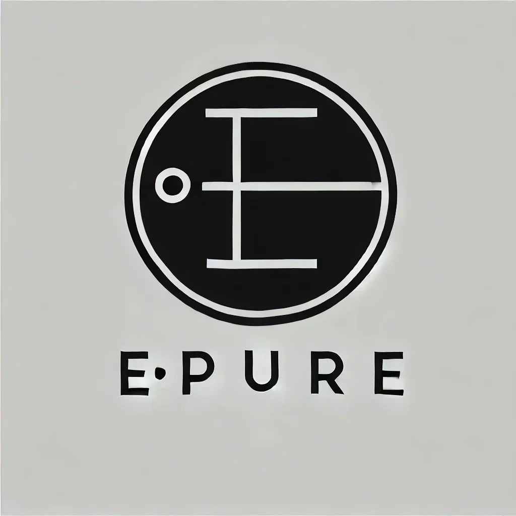 Schwarzes, geometrisches Logo mit EPURE-Text, teil der minimalistischen Luxusmode.