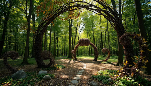 Kurvenförmiger Holzbogen aus Ästen und Ranken auf einem Waldweg zur Land Art.