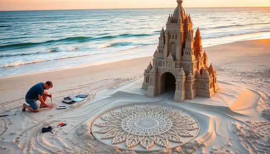 Intricate sandcastle with tower and mandala, inspiring kreative T-Shirt-Ideen.