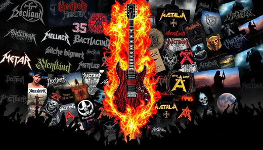 E-Gitarre in lodernden Flammen, Symbol der Intensität von Thrash Metal und Black Metal.