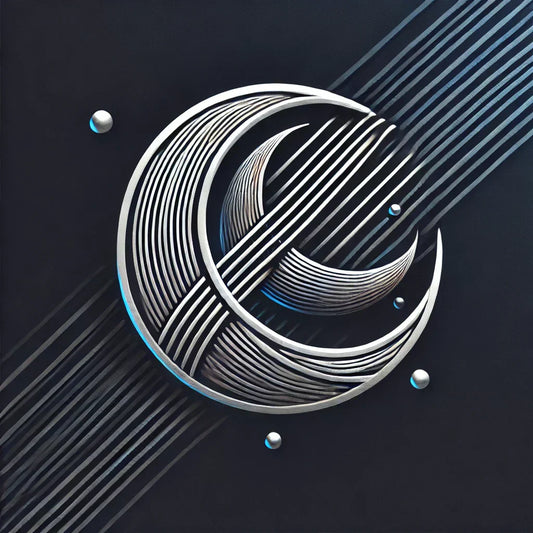 Crescent moon shape with white lines and blue spheres in virtuelle Anproben der Mode.