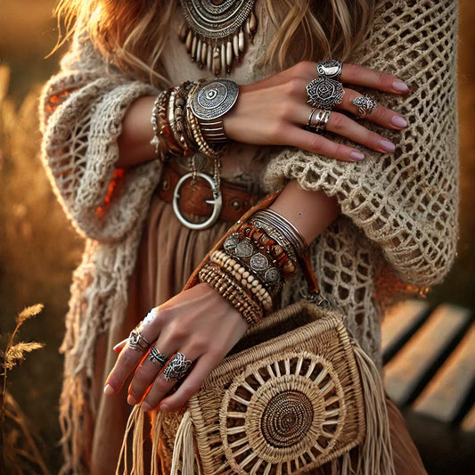 Ornate silver and brass Boho jewelry with a macramé handbag, wichtigsten Accessoires.