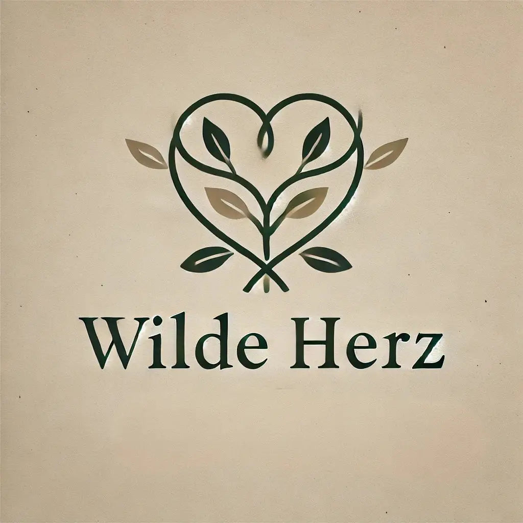 Stylisiertes Herz-Logo aus grünen Blättern mit Wilde Herz unter dem Titel nachhaltige Boho-Mode.