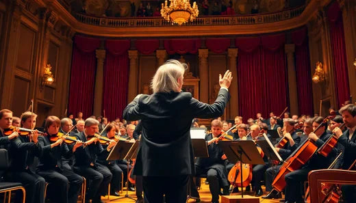 Ein Dirigent leitet ein Orchester während eines klassischen Konzerts mit Mozart, Beethoven und Bach.