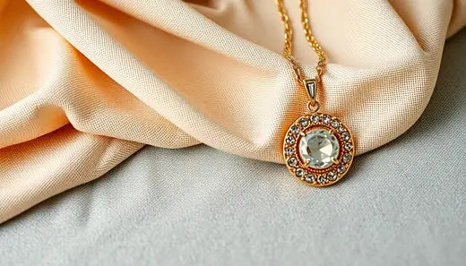 Ornate gold pendant necklace featuring a circular crystal and rhinestones auf eleganter dünner Leinwand.