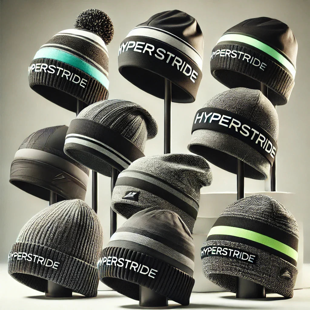 Sammlung von Hyperstride Mützen in Schwarz und Grau mit neonfarbenen Akzenten.