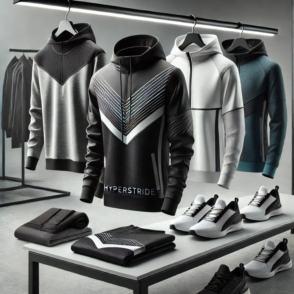 Stylische HYPERSTRIDE Pullover und Sneakers auf einem Einzelhandelstisch präsentiert.