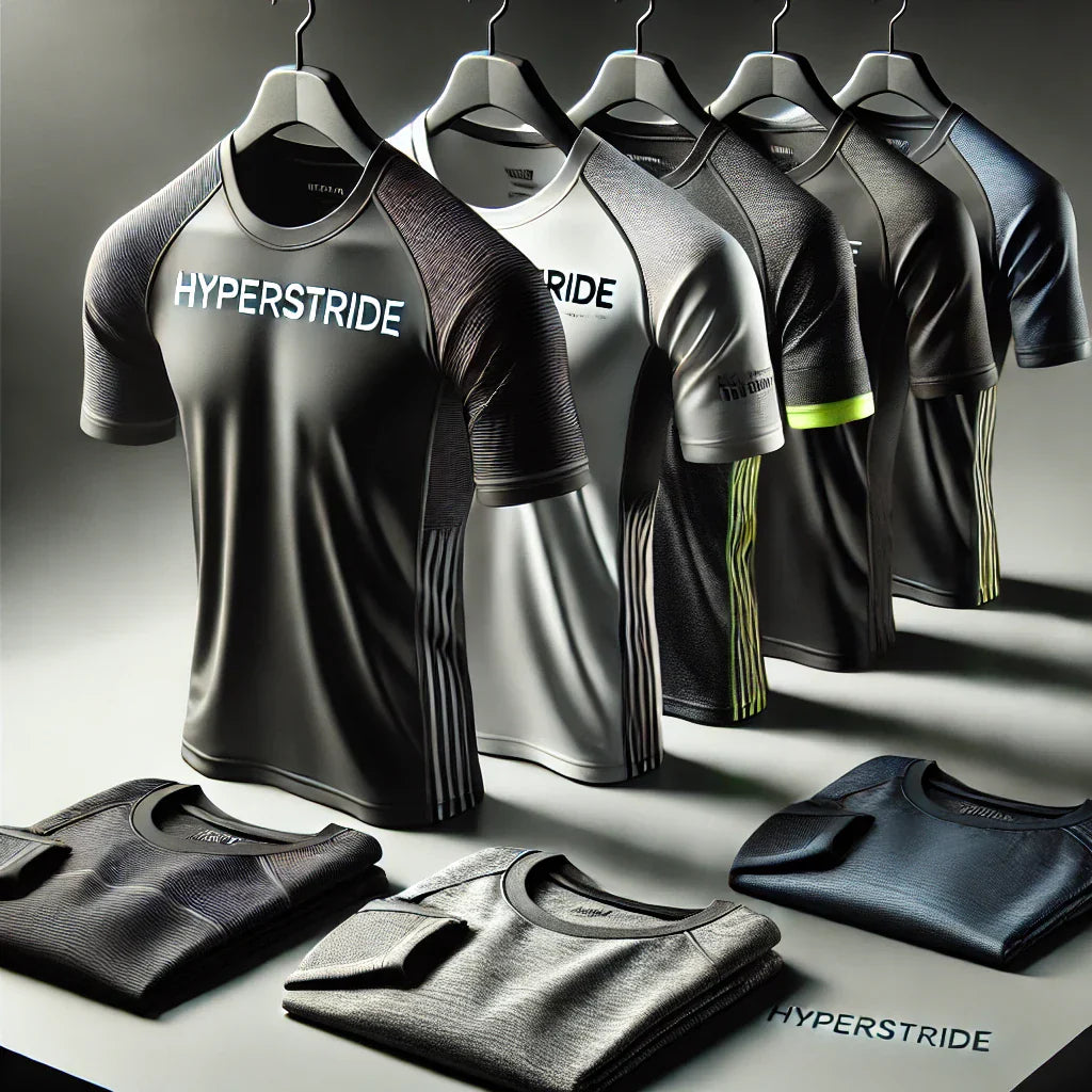 Athletische Hyperstride T-Shirts mit bunten Vogel Designs auf Kleiderständern.