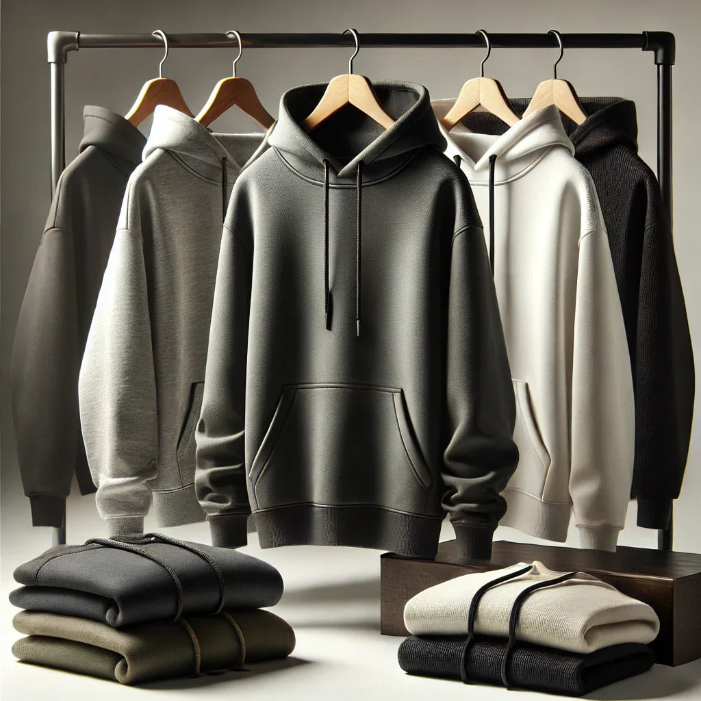 Hooded sweatshirts mit geometrischem Herzmotiv und minimalem Branding in neutralen Farben.