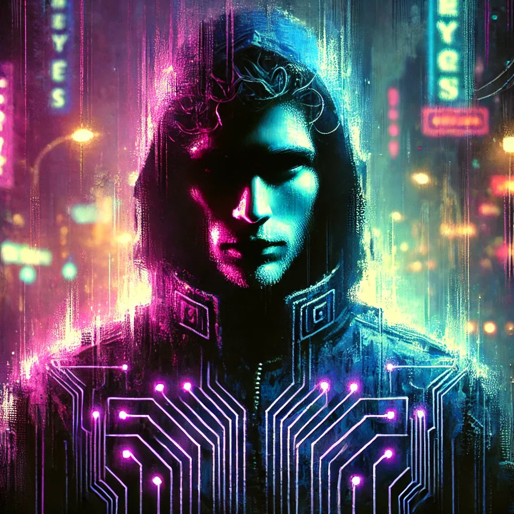 Hooded Figur mit Schaltkreis-Design in Lucian Veyron Neon Cyberpunk Stadtlandschaft.