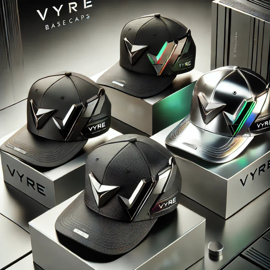 Schwarze VYRE Basecaps im futuristischen Urban Style mit Chevron-Streifen und Metallic-Akzenten.