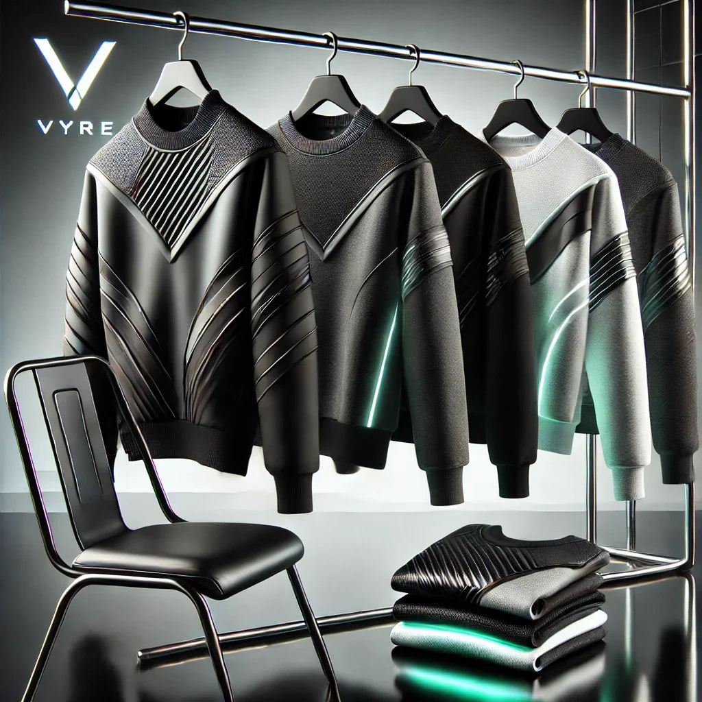 Futuristische VYRE Pullover mit geometrischen Mustern und gesticktem Herzdesign.