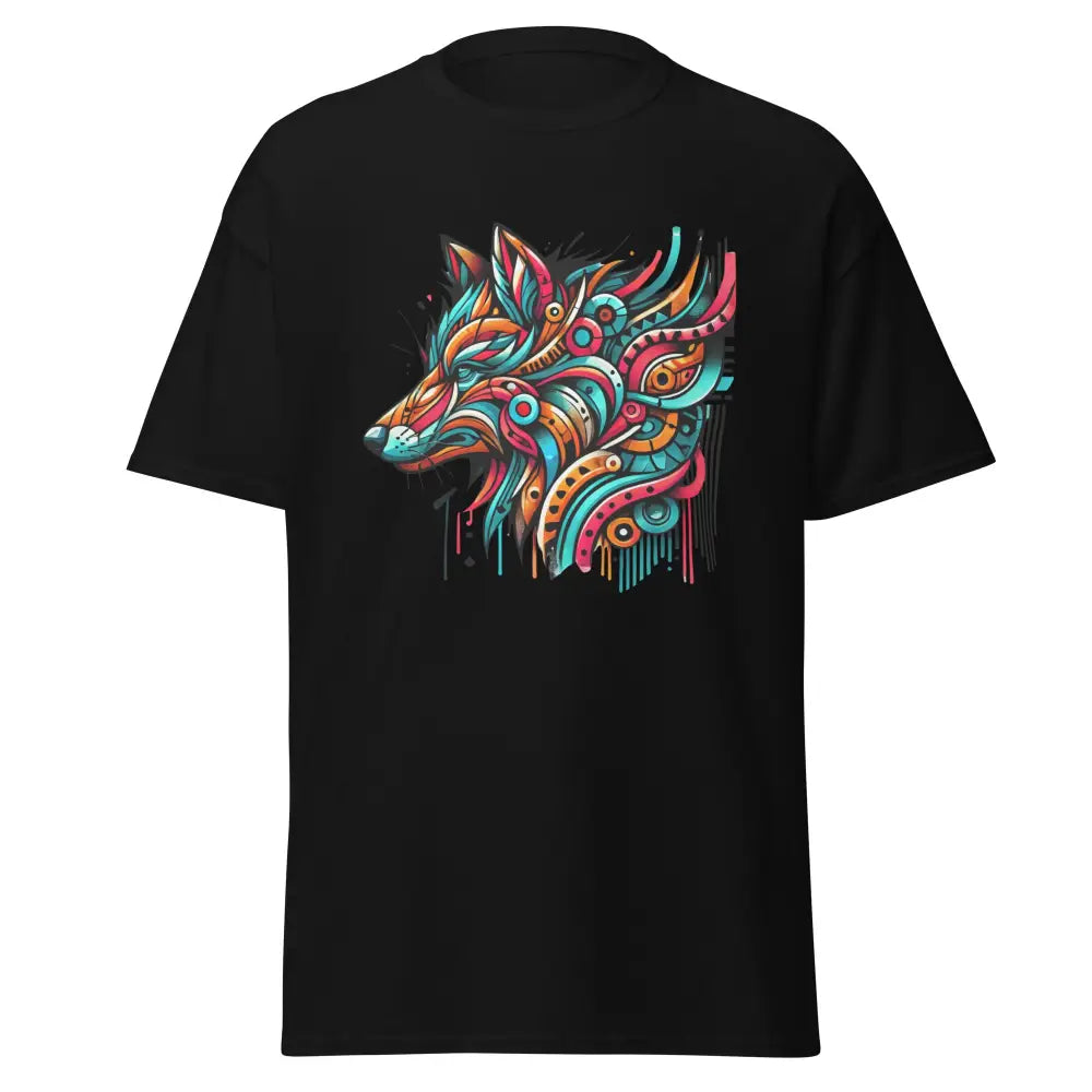 Schwarzes klassisches Unisex T-Shirt mit buntem Wolfdesign aus der Dominikanischen Republik