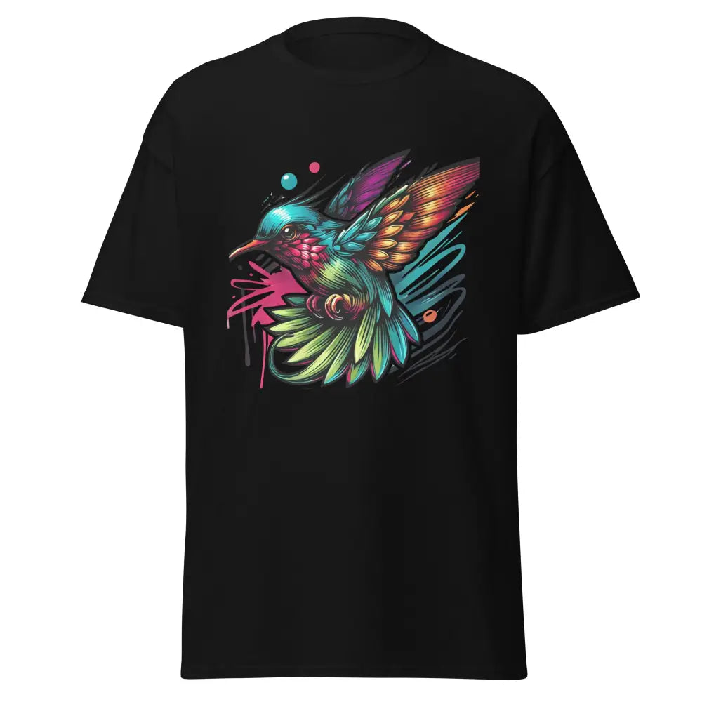 Schwarzes klassisches Unisex T-Shirt mit buntem Kolibri-Print aus der Dominikanischen Republik