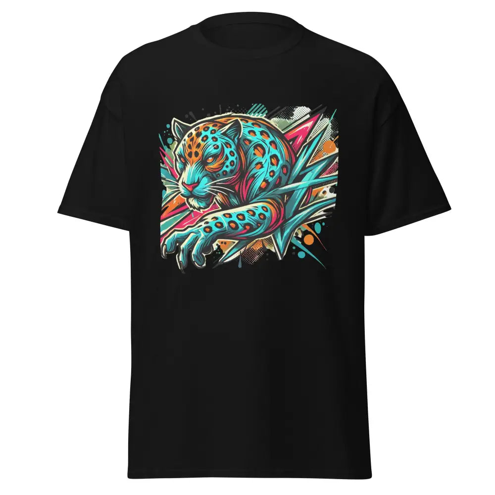 Schwarzes klassisches Unisex T-Shirt mit buntem Jaguar-Graphic aus der Dominikanischen Republik