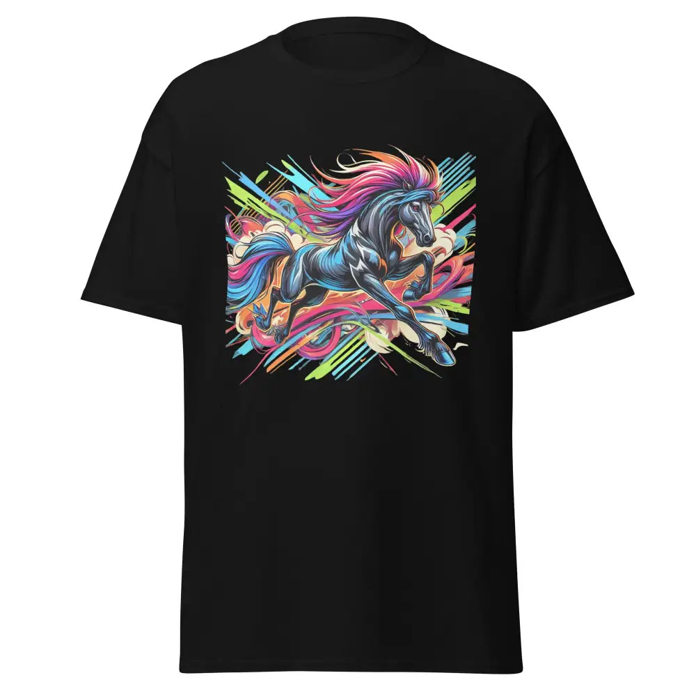 Schwarzes klassisches Unisex T-Shirt mit buntem Pferde-Design aus der Dominikanischen Republik