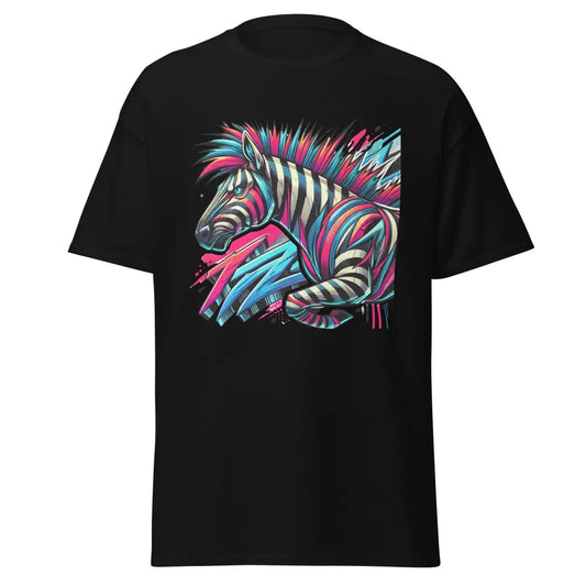 Klassisches Unisex T-Shirt in Schwarz mit buntem Zebra-Graphic für modische Statements