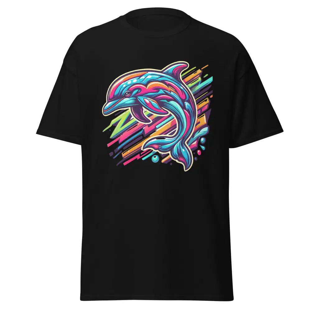 Klassisches Unisex T-Shirt mit buntem Delphin-Motiv auf schwarzem Hintergrund