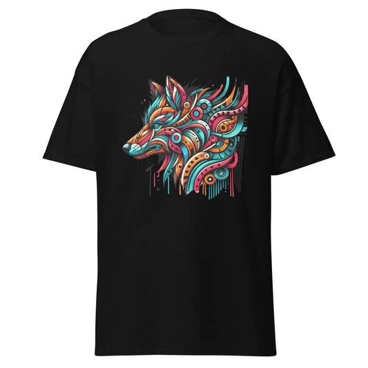 Klassisches Unisex T-Shirt in Schwarz mit buntem Wolfdesign aus der Dominikanischen Republik