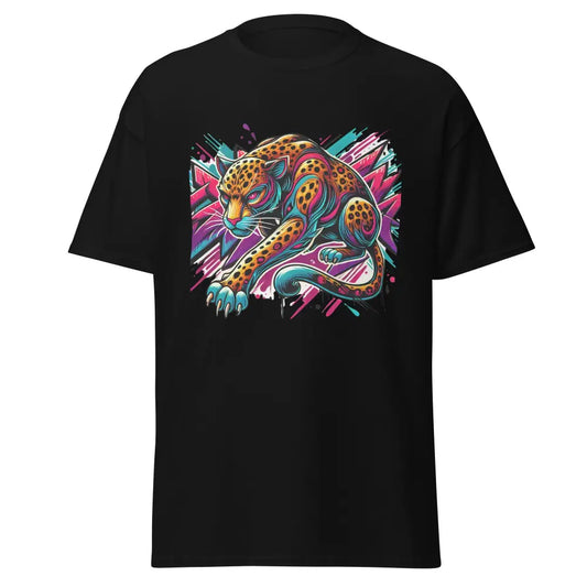 Schwarzes klassisches Unisex T-Shirt mit farbigem Leopardenmotiv aus Dominikanischer Republik