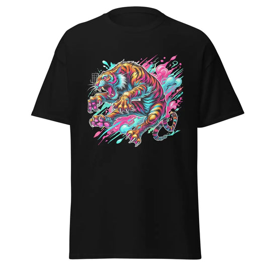 Klassisches Unisex T-Shirt in Schwarz mit buntem Tiger-Design aus der Dominikanischen Republik