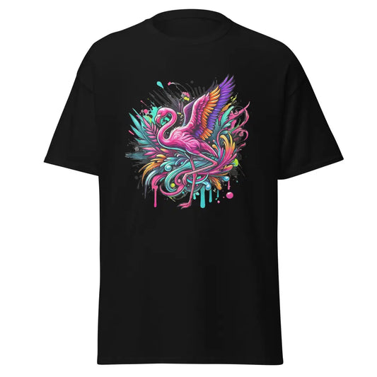 Schwarzes klassisches Unisex T-Shirt mit buntem Flamingo-Design aus der Dominikanischen Republik