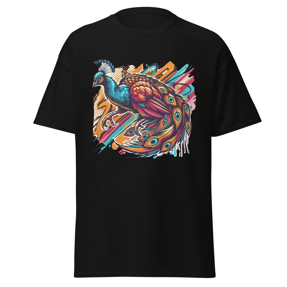 Klassisches Unisex T-Shirt in Schwarz mit buntem Pfau-Motiv aus der Dominikanischen Republik