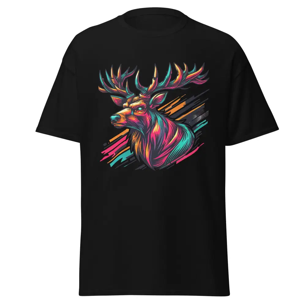 Klassisches Unisex T-Shirt mit buntem Hirschmotiv auf schwarzem Hintergrund