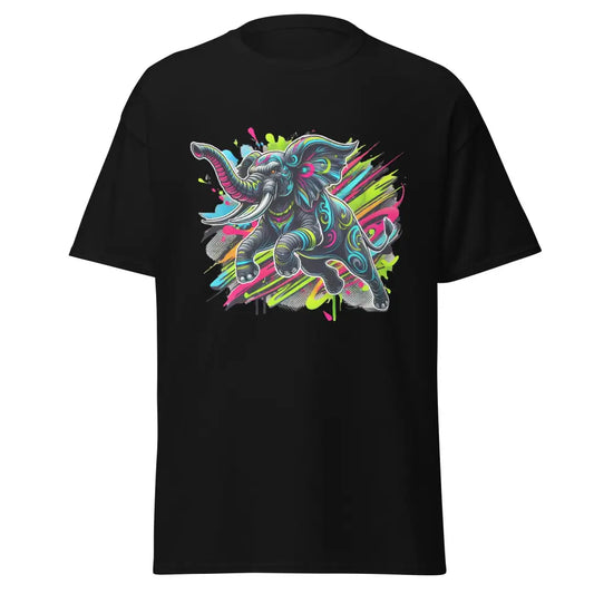 Schwarzes T-Shirt mit buntem Elefantendesign für einen modernen Look